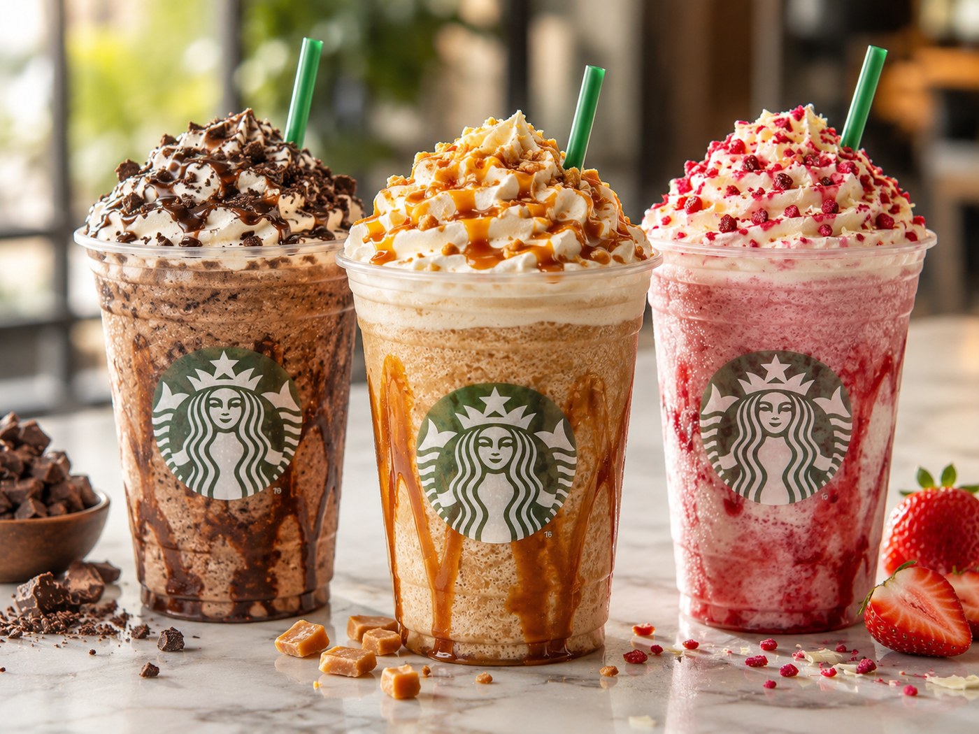 Starbucks Frappuccino blended drinks with logo cups, whipped cream, chocolate and caramel drizzle