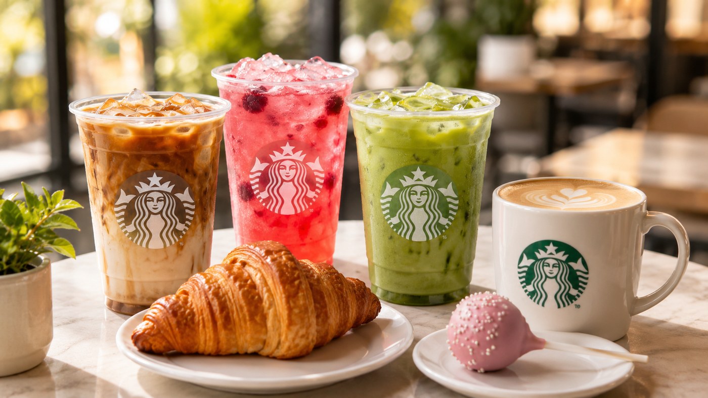 Starbucks menu drinks and food with logo cups on a cafe table