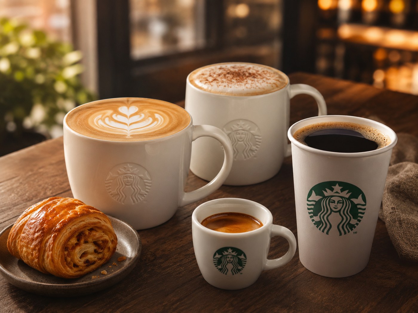 Starbucks hot coffee drinks with logo cups, latte art, espresso and pastry