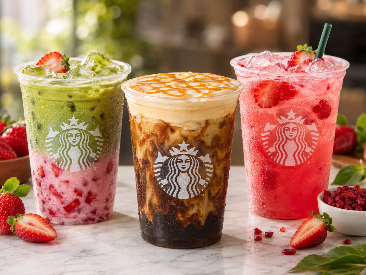 Starbucks refreshers with logo cups, fruit, ice, strawberry, dragon fruit and lemonade colors