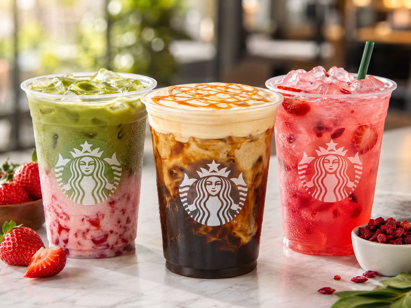 Seasonal Starbucks drinks with logo cups including colorful iced drinks and cold foam coffee