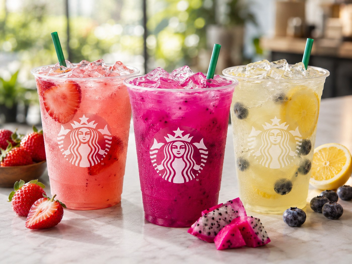Starbucks matcha drinks with logo cups