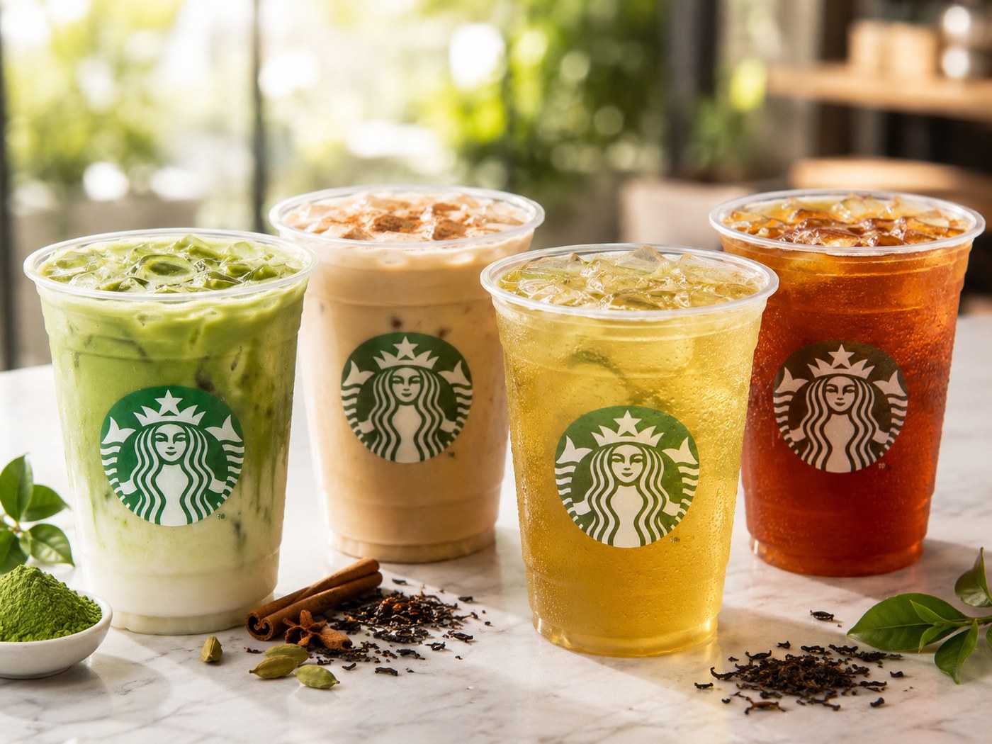 Trending Starbucks drinks with logo cups, iced matcha, cold foam coffee and pink refresher